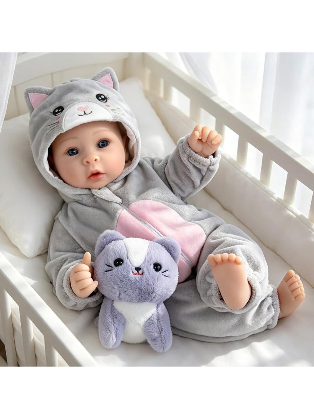17-Inch Gray Kitty Baby Dolls Realistic Lifelike Baby Doll Set with Accessories